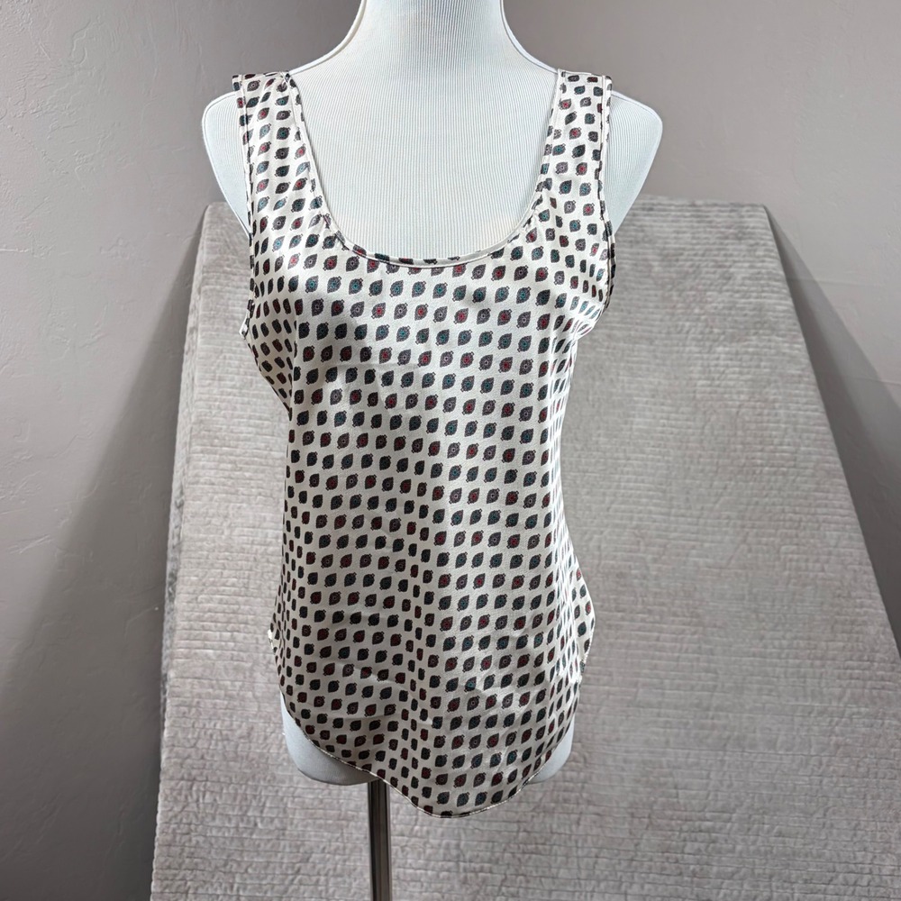 Indulgence Vintage Satin Tank Top Geometric Print Cream Navy Red Size 36 USA